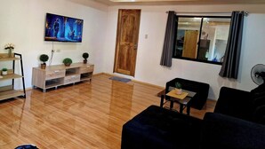 Un salon avec un plancher en bois, un téléviseur fixé au mur, une porte en bois, une fenêtre avec des rideaux et une petite table sur laquelle est posée une plante.