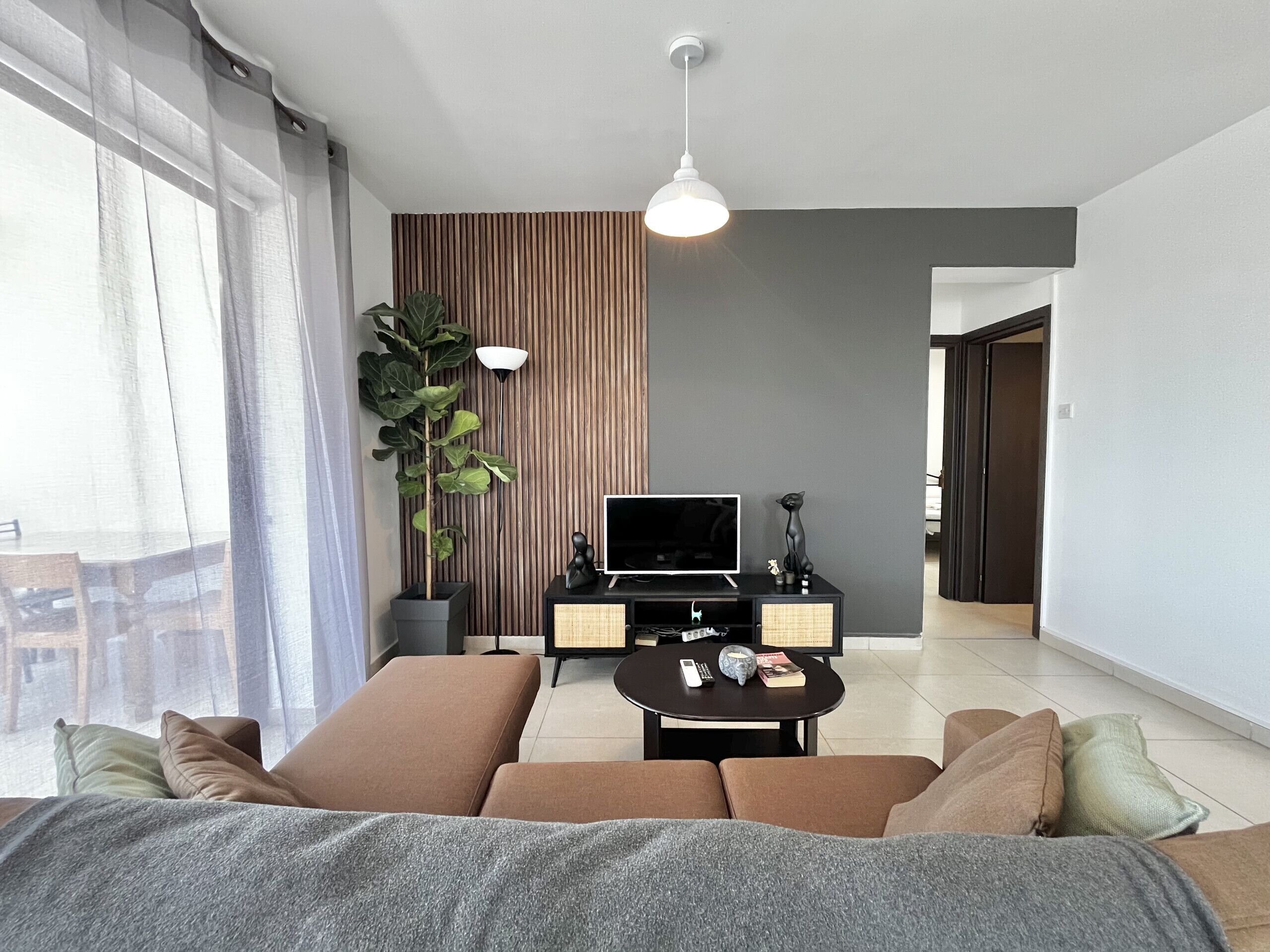 A modern living room with a sofa, a coffee table, a TV, and a plant.