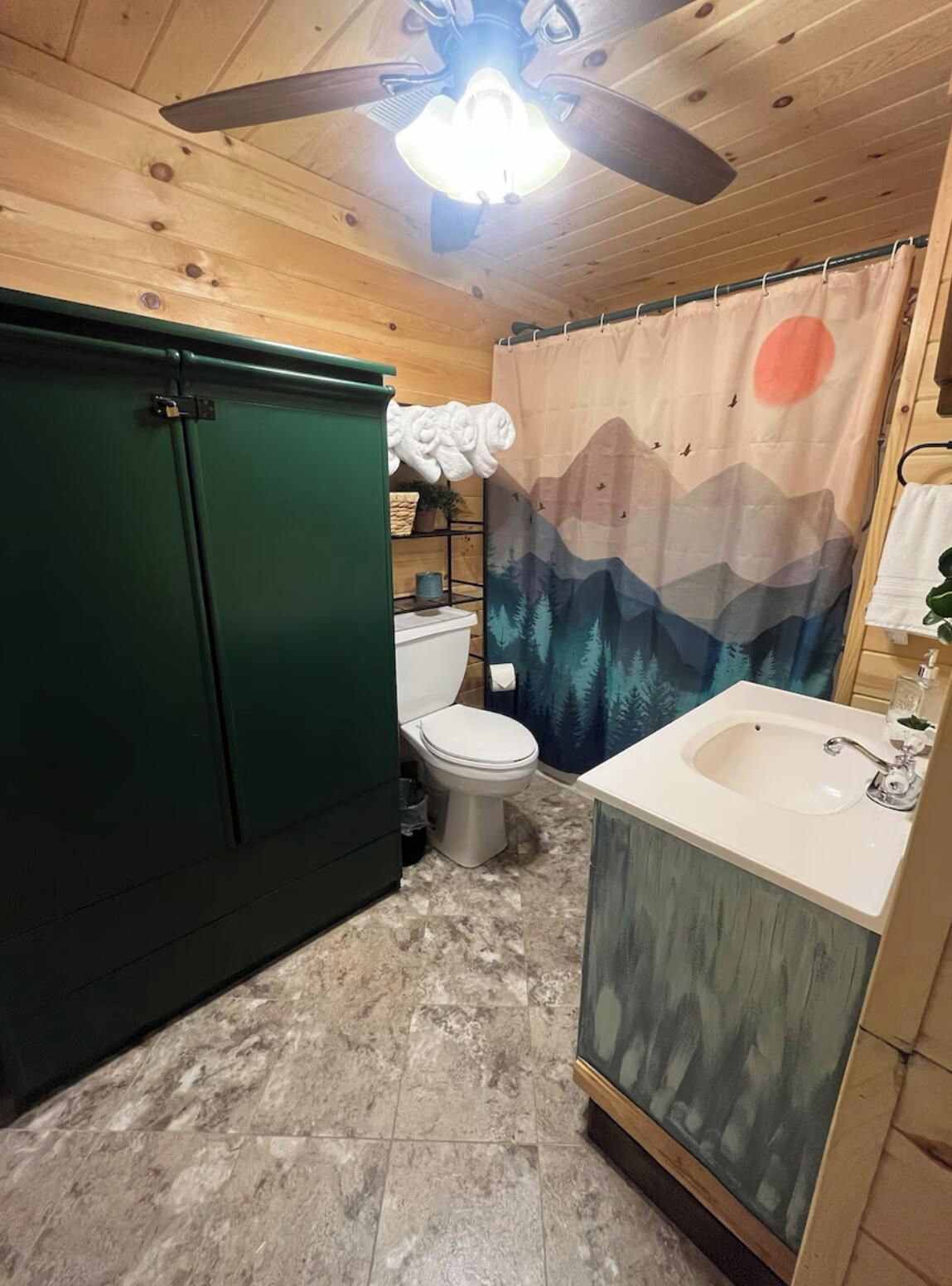 Un baño con inodoro, armario verde y lavamanos.