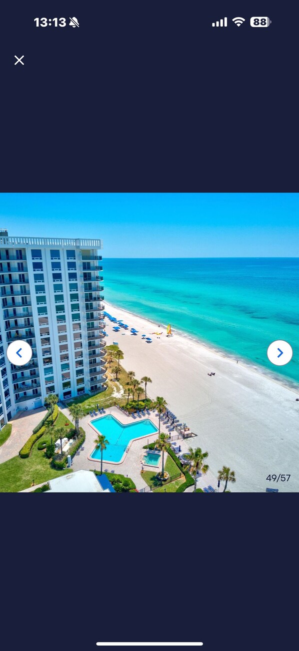On the beach, sun loungers, beach towels