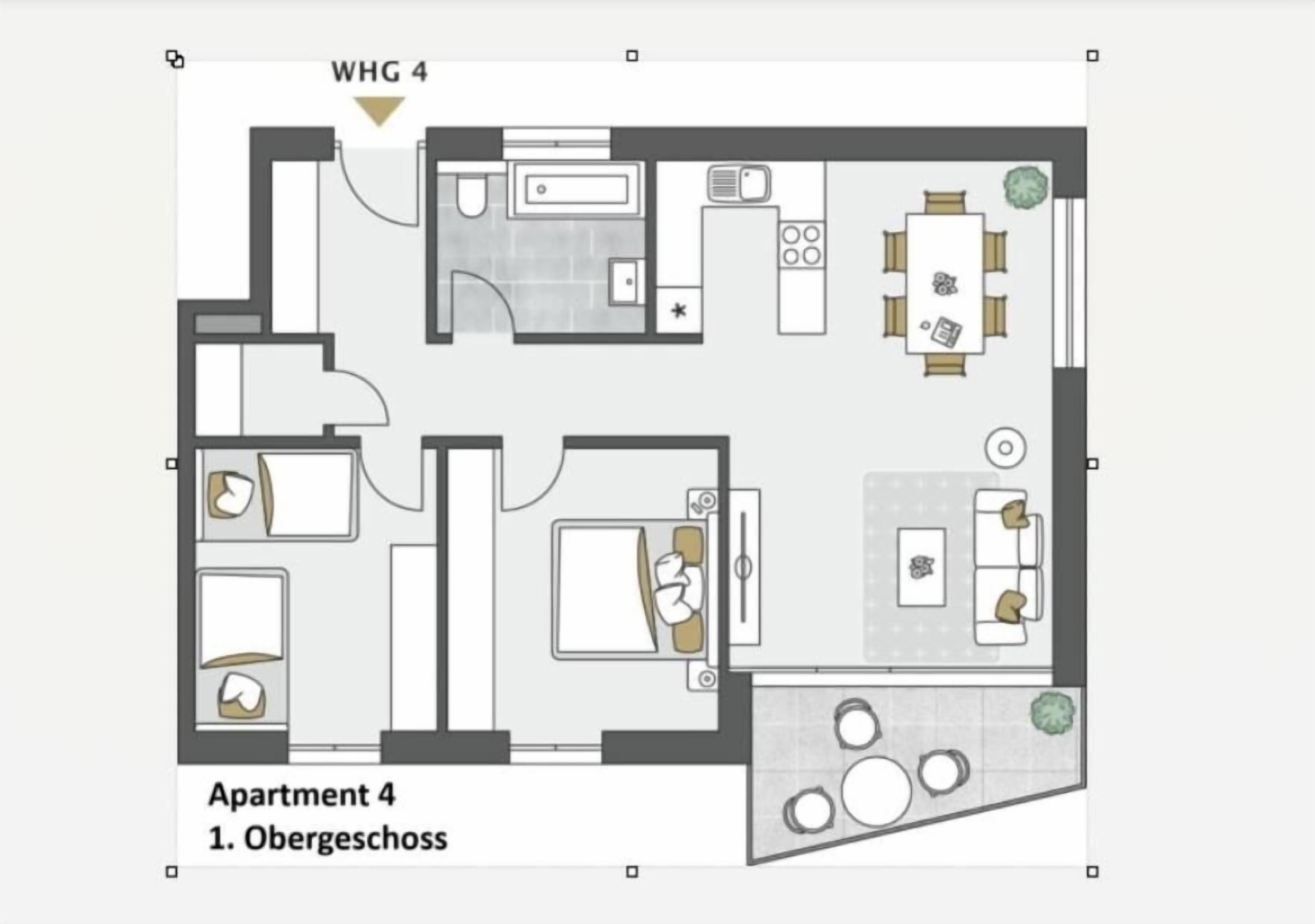 A floor plan of Apartment 4, Obergeschoss, with a kitchen, dining area, two bedrooms, and a bathroom.