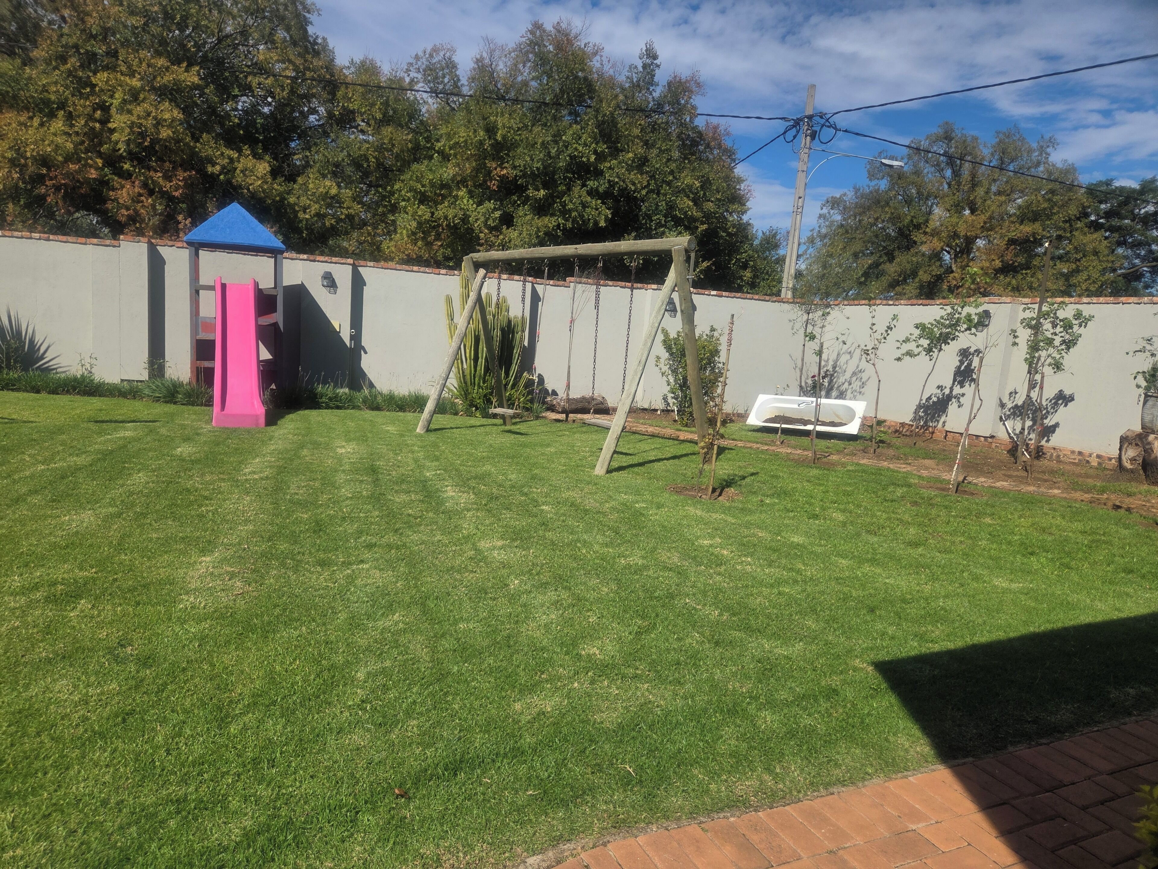 A backyard with a swing set, a small playhouse, and a cactus.