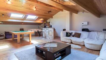 Televisio, takka, DVD-soitin, pöytätennispöytä