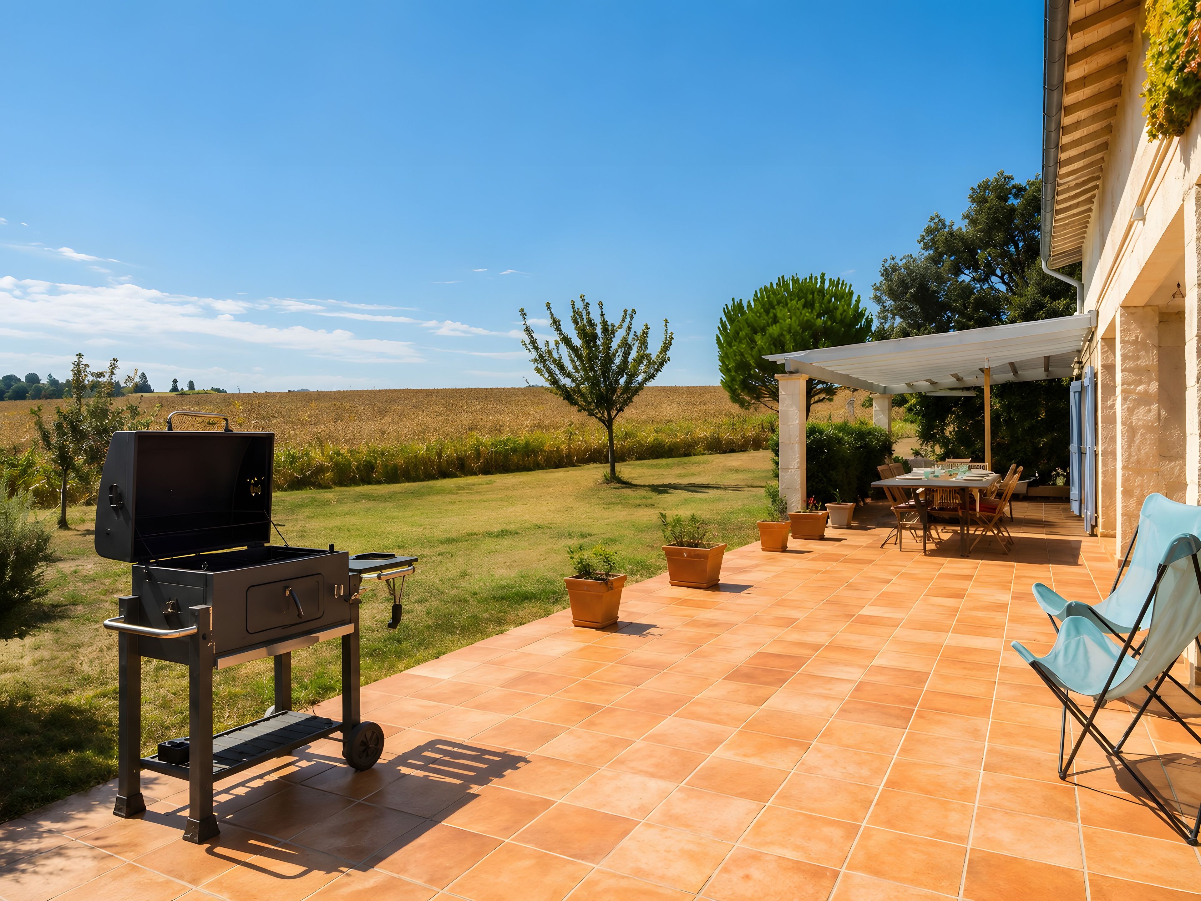 Een terras buiten met een barbecue, plantenbakken en een overdekt zitgedeelte.