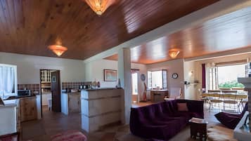 Een televisie, een open haard, een dvd-speler en een tafeltennistafel