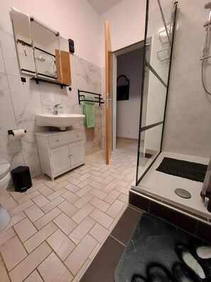 Shower, hair dryer, towels