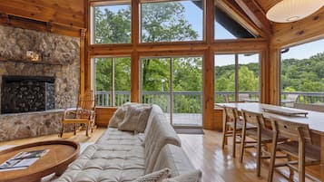 Smart TV, fireplace, books