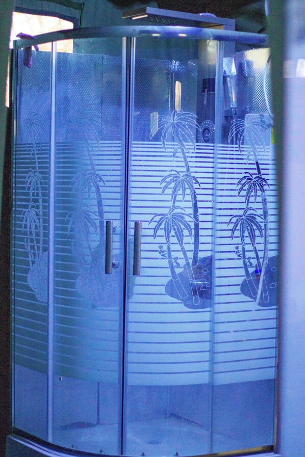 Une pièce avec une cloison en verre, des décorations à thème tropical et un lit doté d’une tête de lit à rayures.