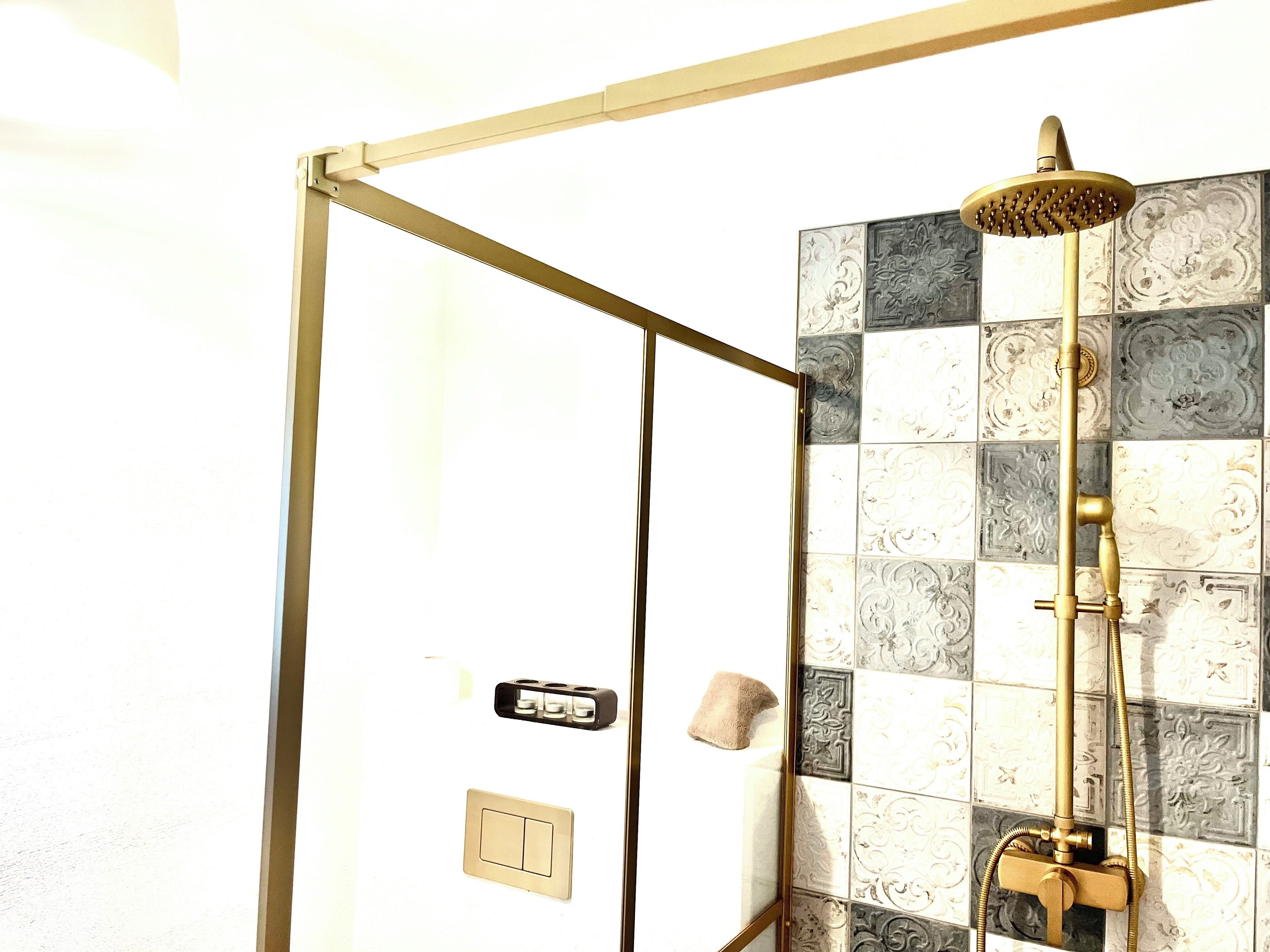 Shower, hair dryer, towels, toilet paper