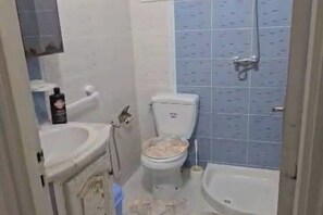 Een douche, een haardroger, een bidet, handdoeken