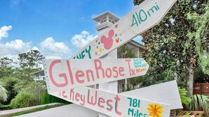Ein Wegweiser mit mehreren Pfeilen, die zu verschiedenen Zielen zeigen, darunter Glen Rose, Texas, und Fort Worth, Texas.