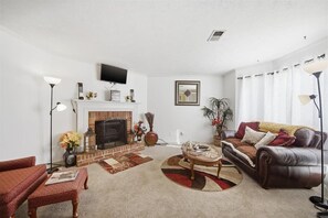 TV, fireplace, books