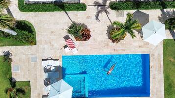 Vista aérea de un área de piscina con sillones de descanso, sombrillas y plantas en macetas.