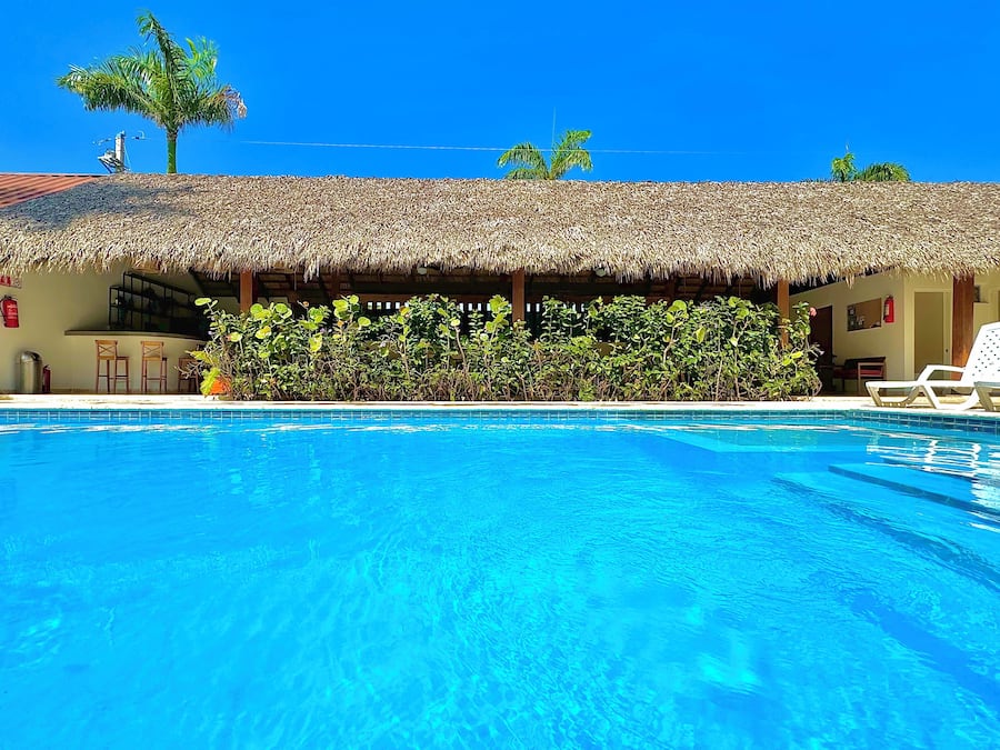 A swimming pool with a thatched-roof structure, a bar area, and a view of palm trees.