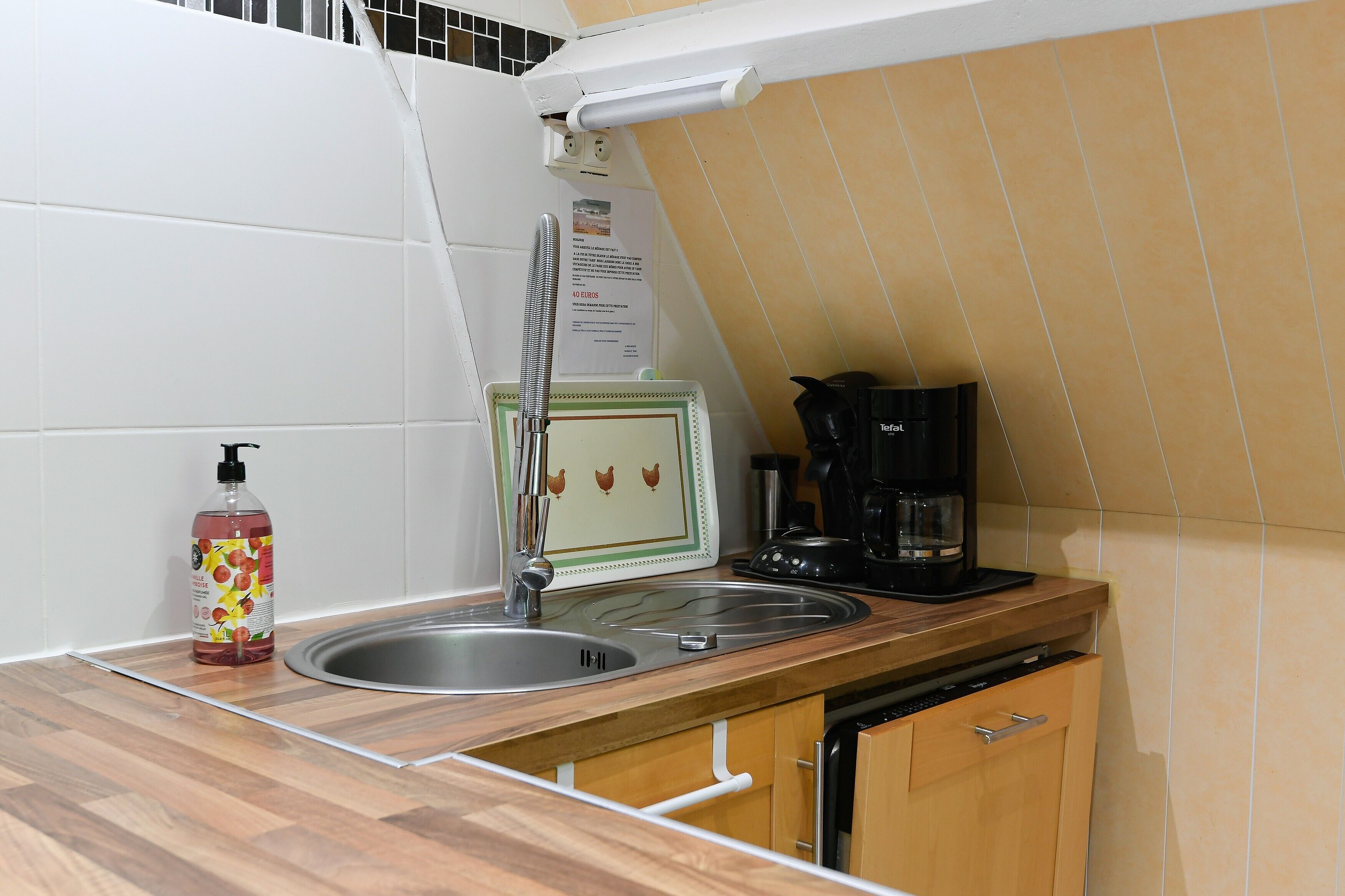 Een keuken met een spoelbak, een koffiezetapparaat en een fles handzeep.