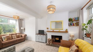A living room with a sofa, a plaid sofa, a fireplace, a television, and a bookshelf.