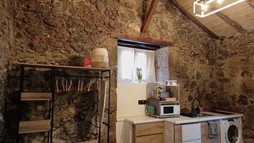 Uma cozinha rústica com paredes de pedra, vigas de madeira, máquina de lavar embutida e um balcão compacto com micro-ondas.