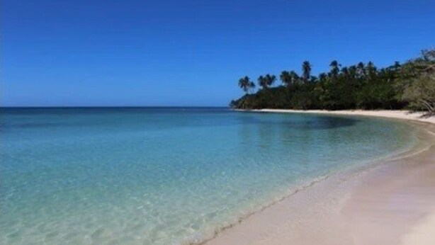 A beach with clear turquoise water, sandy shore, and a line of palm trees. - Cabaña Del Sol-Small Cabin Near The Best Beaches in Cabo Rojo with generator (Cabo Rojo)