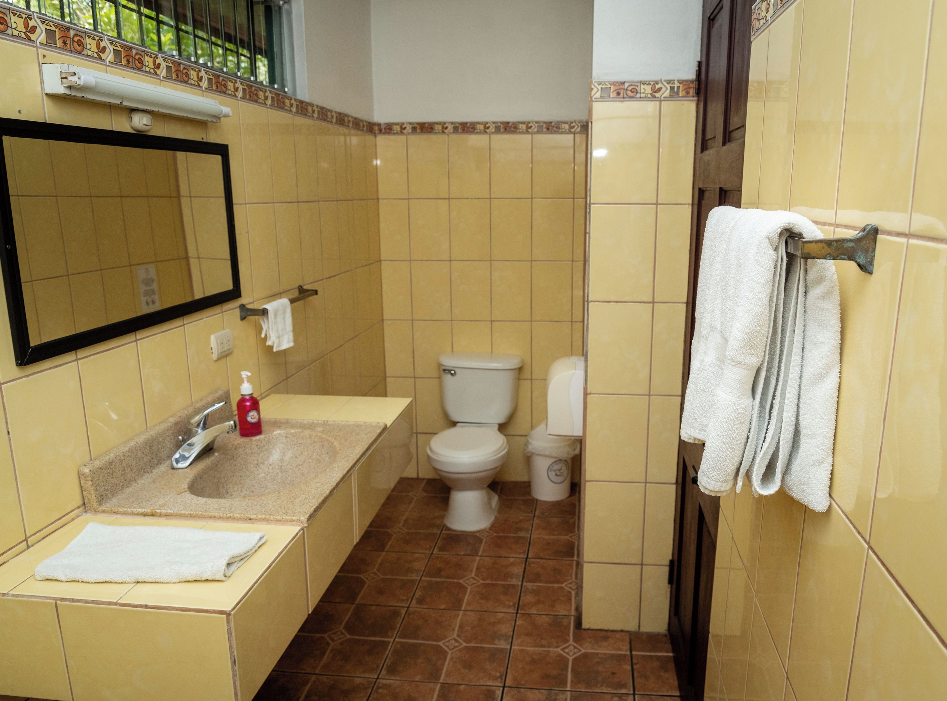 Une salle de bain équipée d’un lavabo, d’un miroir et de deux toilettes.