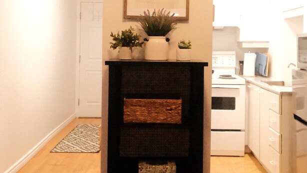 A hallway leading to a kitchen with a ceiling fan, a framed picture on the wall, and a small shelf with plants.
