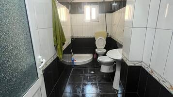 Shower, bidet, towels, soap