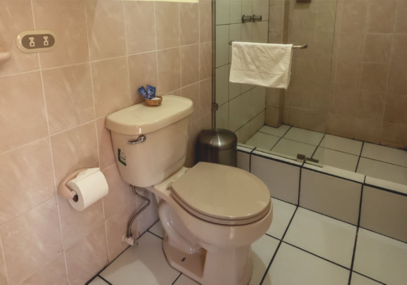 Une salle de bain équipée de toilettes, d’une poubelle et d’un espace douche.