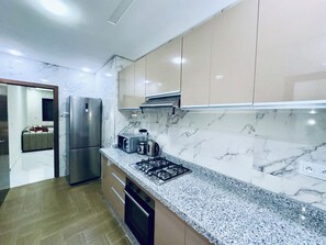 Fridge, oven, stovetop, electric kettle