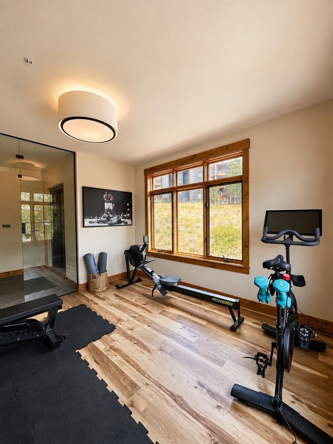 A home gym with exercise equipment, a large window, and a framed picture on the wall.