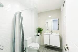 Ducha, secador de pelo, toallas, jabón