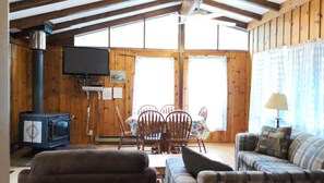 Télévision, cheminée, lecteur de DVD, table de tennis de table