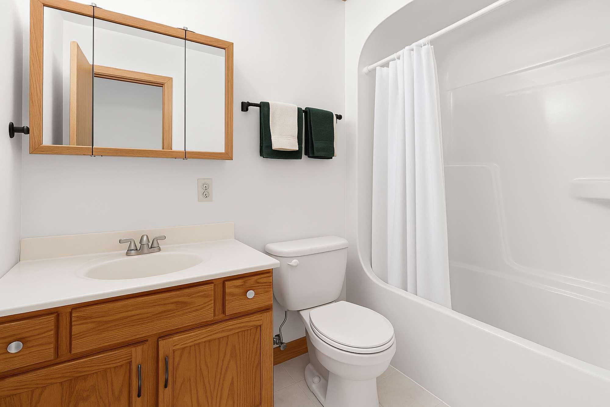 Une salle de bain avec un lavabo blanc, un meuble-lavabo en bois, des toilettes et une baignoire avec un rideau de douche.