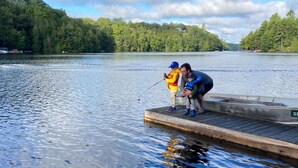 A wooden dock extending into a calm lake surrounded by dense forest. - Beautiful Lakefront Inn Suites (Parry Sound)