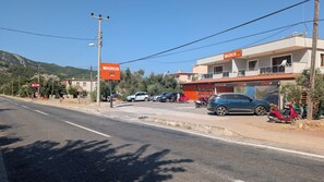 A street view with a MiGROS Jet sign, a BIM sign, and a building with a red roof.