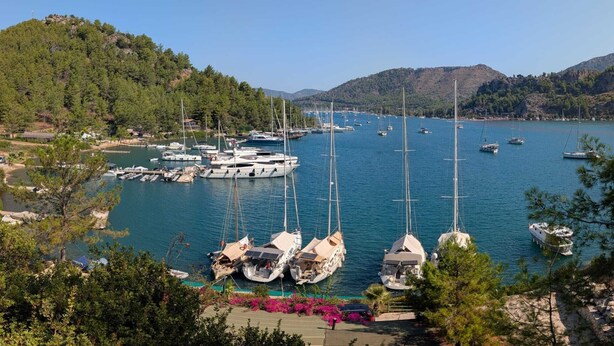 A marina with multiple sailboats docked, surrounded by lush greenery and hills. - Villa Mariposa - Luxury Summer Residence (Turgutköy)