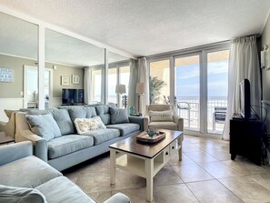 Condo, Multiple Beds, Balcony, Ocean View (Oceania Beach Club 205) | Living area - Oceania Beach Club (New Smyrna Beach)