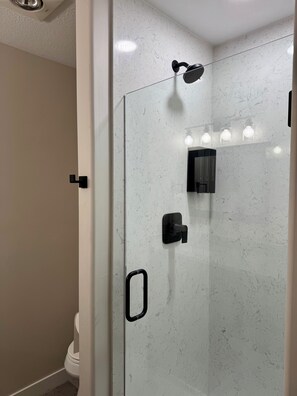 Hair dryer, towels, soap, toilet paper