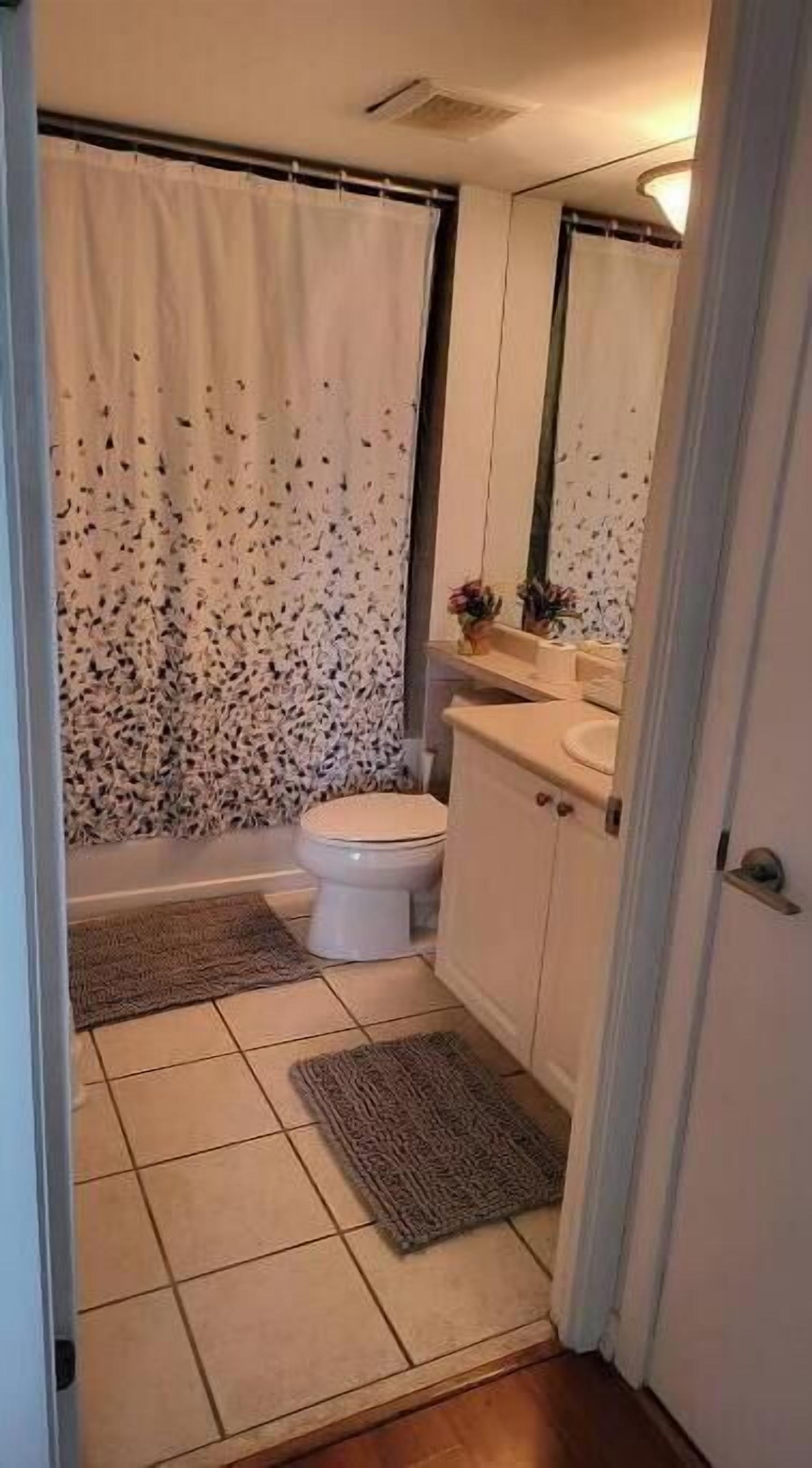 Un baño pequeño con inodoro, lavabo, espejo y cortina de ducha.
