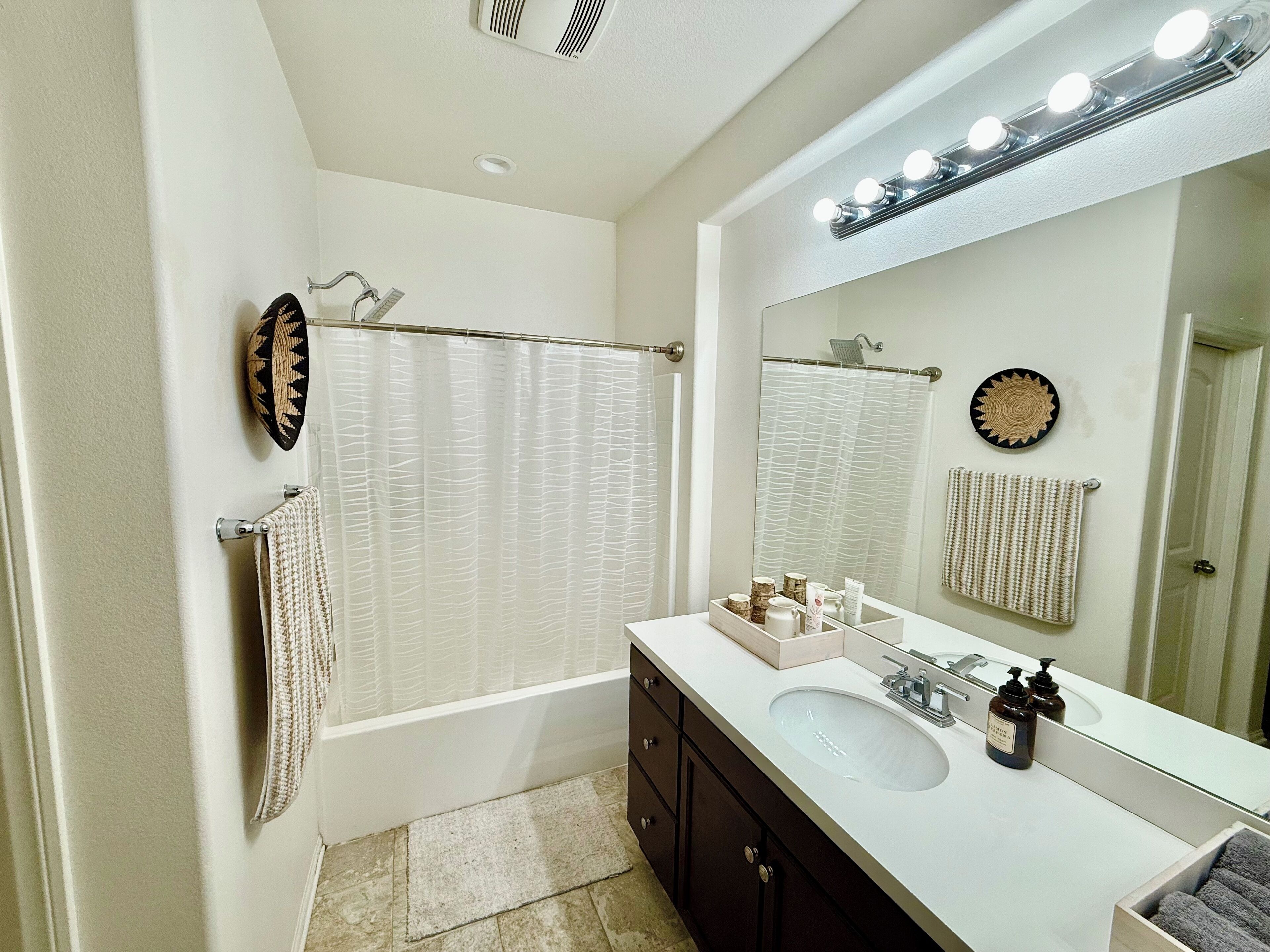 Hair dryer, towels, soap, toilet paper