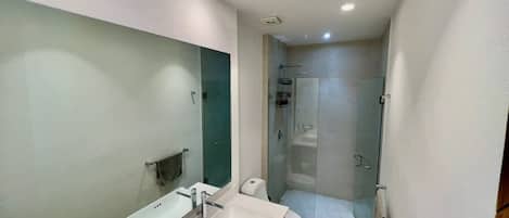 Regadera, toallas, jabón, papel de baño