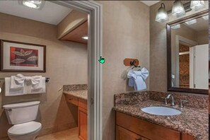 Hair dryer, towels, soap, toilet paper