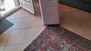 Et værelse med en grå sofa, en gulvvarmer, en glasdør og et mønstret tæppe.