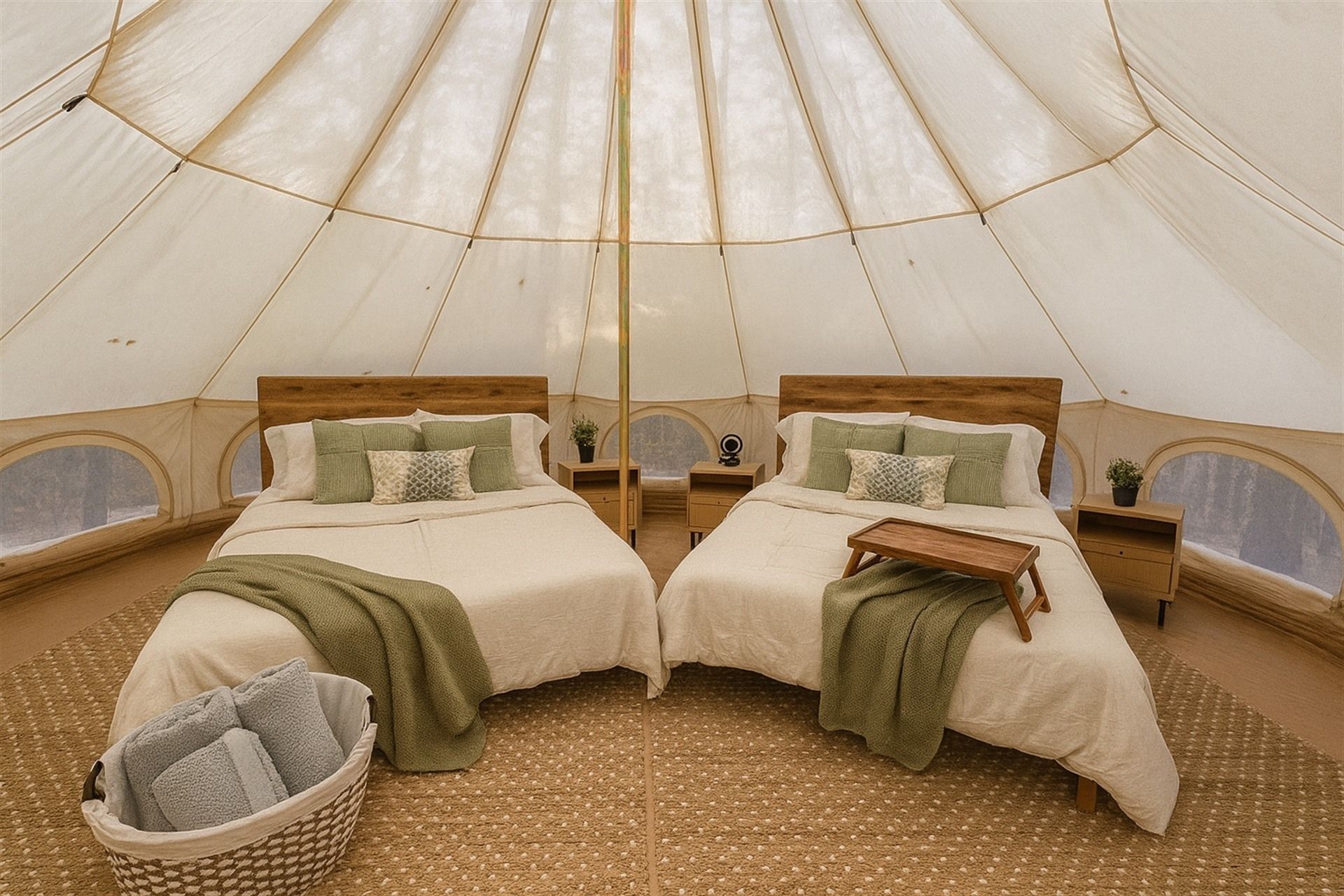 A tent with two beds, each with a wooden headboard, a small bedside table, and a green throw blanket.