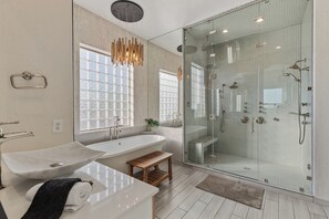 Hair dryer, towels, soap, shampoo