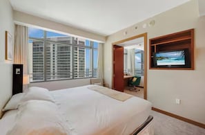 Apartamento luxo, vista para a baía | Cortinas blackout, quartos à prova de som, ferros/tábuas de passar roupa
