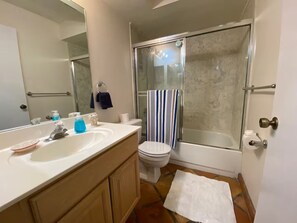 Hair dryer, towels, toilet paper