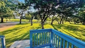Un parque con un banco azul y un sendero pavimentado.