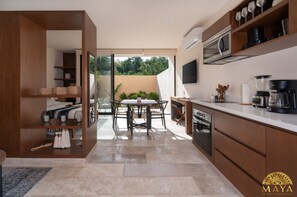 Fridge, microwave, coffee/tea maker, toaster