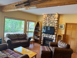 Een televisie, een open haard en boeken