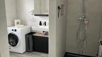 Hair dryer, towels, soap, toilet paper