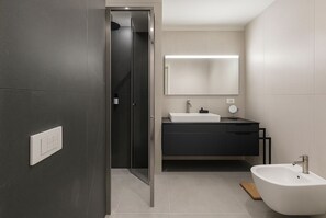 Hair dryer, bidet, towels, soap